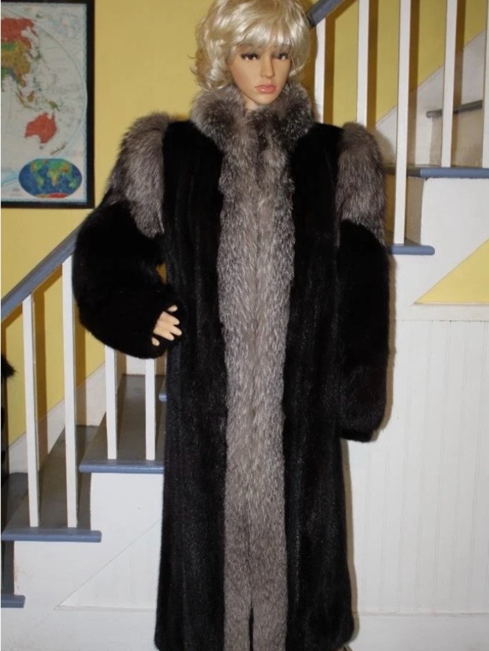 Long Mink Fur Coat with Fox Fur Tuxedo Collar and Sleeves